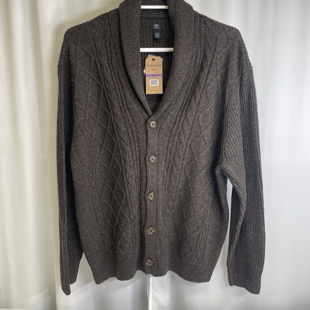 Dockers Men’s Shawl Collar Cable Knit Cardigan Sweater Brown Button Front NWT